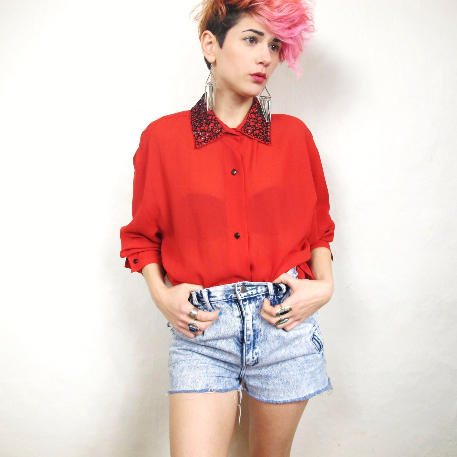 80s Sheer Red Beaded Collar Blouse (L/XL)