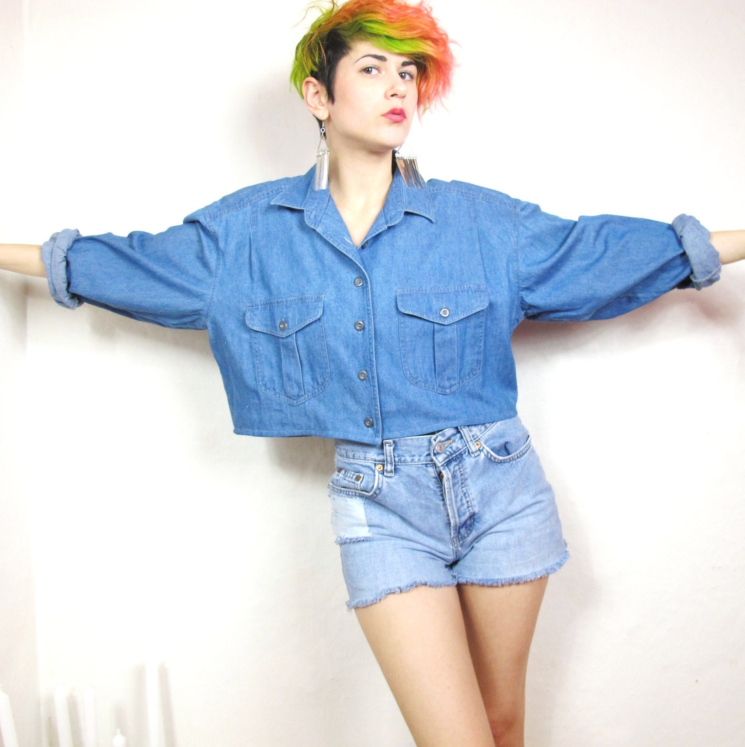 90s Cropped Denim Workers Shirt (L/XL)