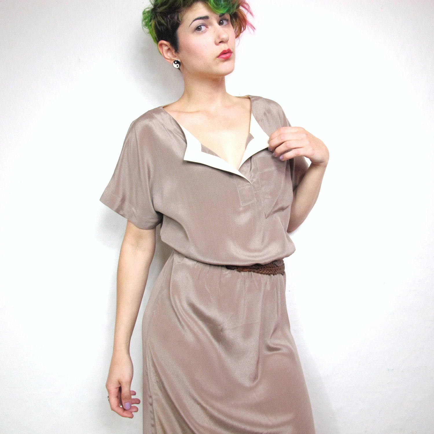 70s Coffee Taupe Silk Shirt Dress (S/M)
