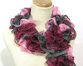 Hand Knit Ruffled Scarf - Pink Gray Magenta Hot Pink