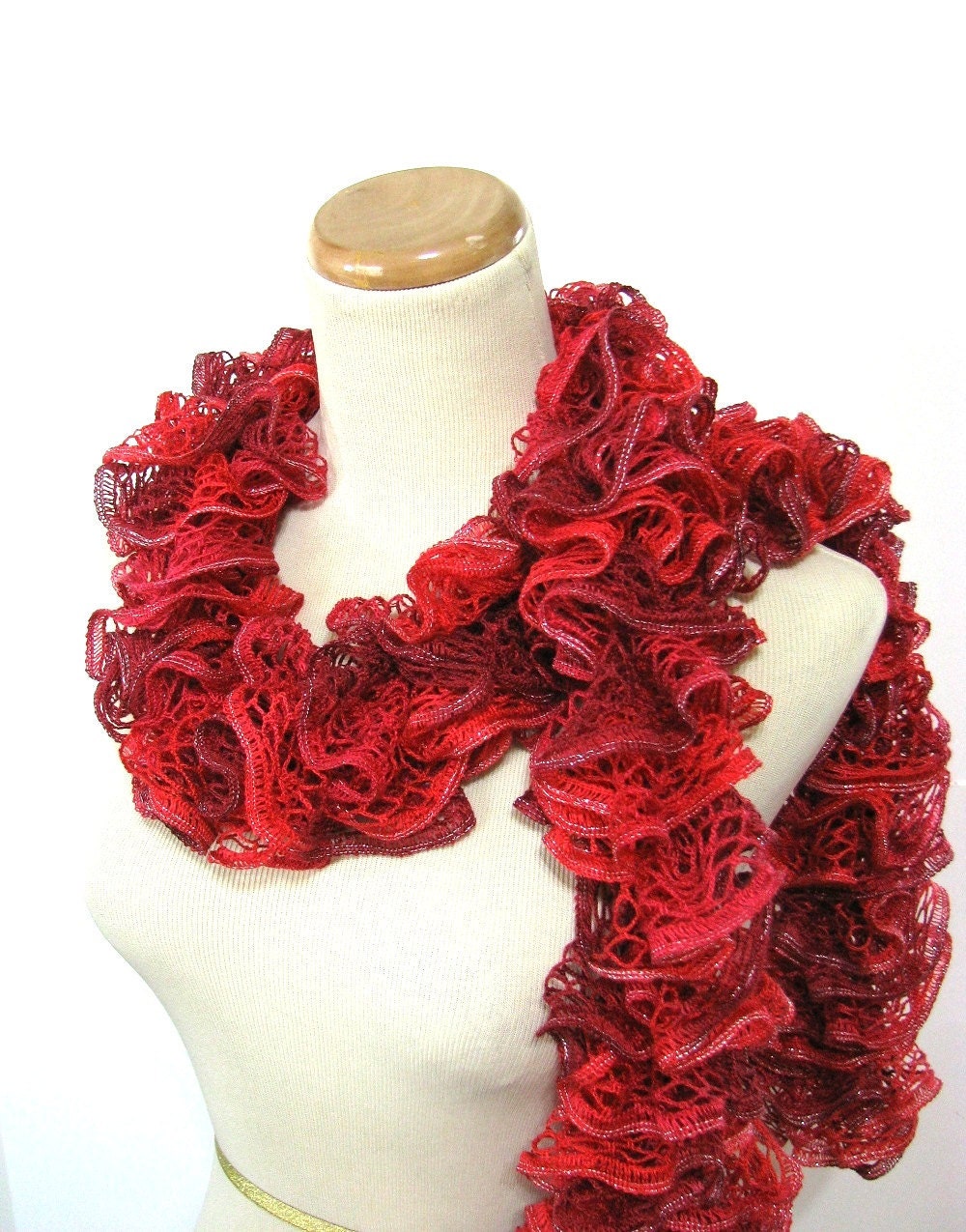 Ruby Red Hand Knit Ruffled Scarf