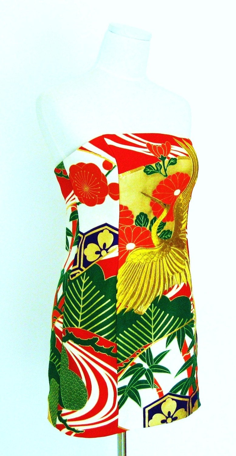 KIMONO Dress Meiji Restoration  Christmas cane gold crane red green size-10