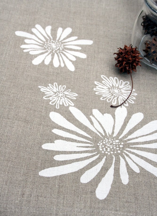 Linen Tea Towel - White Flowers. Natural Flax. Hand Screen-Printed.