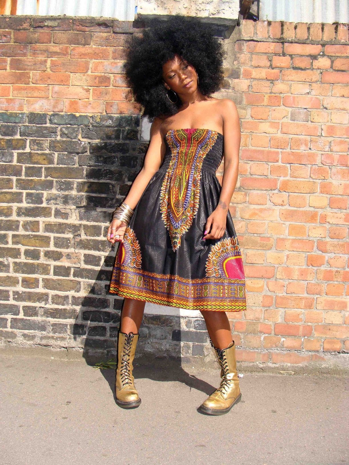 African Dashiki Print Sundress S/M Black