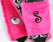 Personalized  Neoprene Quick Release Hipster Camera Strap Set -Black Damask with Fuchsia Minky