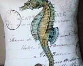 Cotton and Burlap Pillow Cover Beach Decor Pillow Green Seahorse Pillow Cover Ocean Throw Pillow
