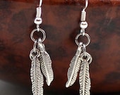 Layered Feather and Chain Earrings in Antiqued Silver