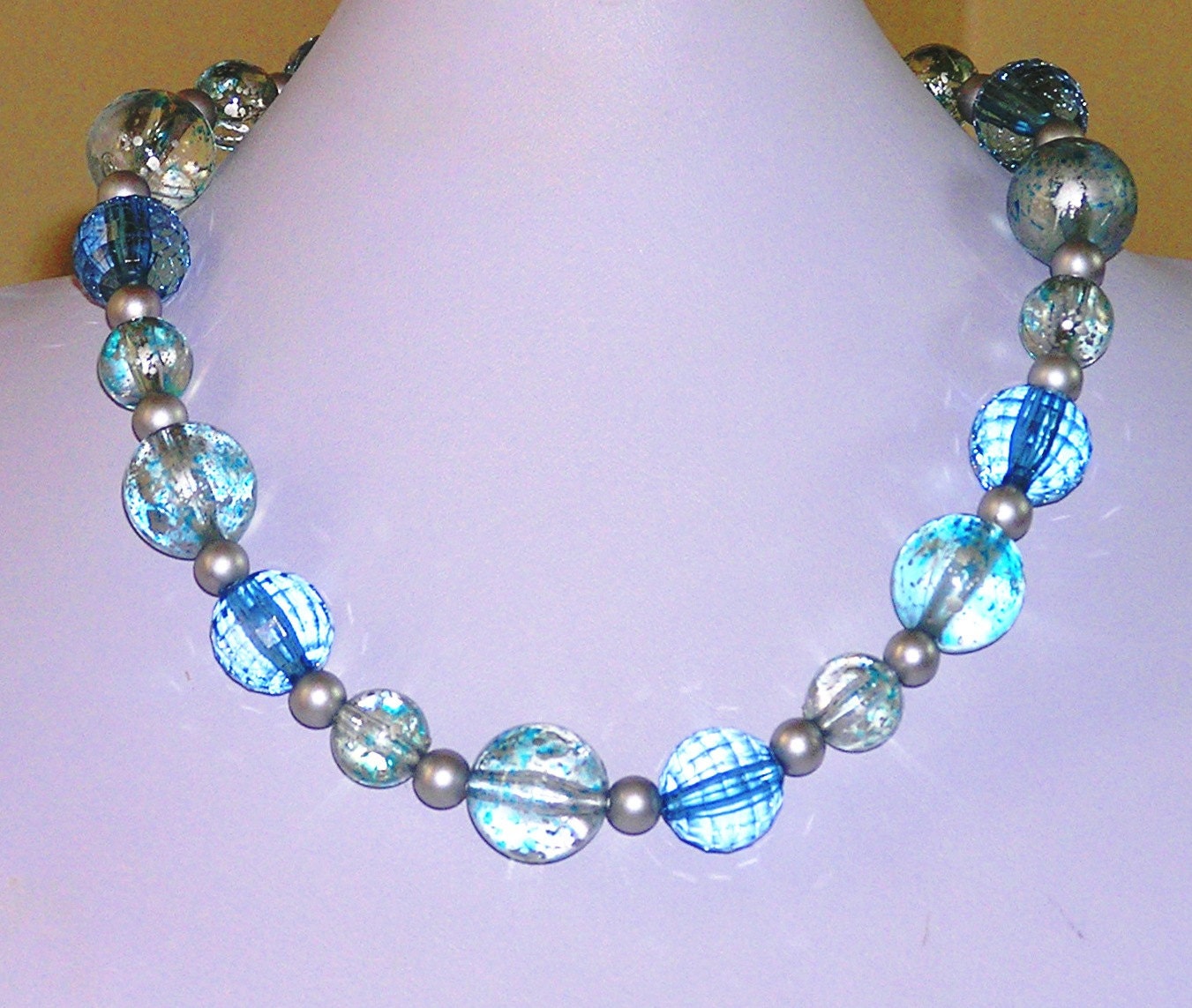 Blue Grey and Silver Vintage Beads Choker Necklace Fun and Fashionable Jewelry