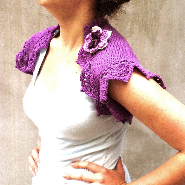 Hand crocheted Lace Bolero Grape Fashion Shrug with Flower brooch