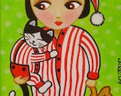 Little GIRL and CAT in Christmas Pajamas Art PRINT from Original Painting by Jill