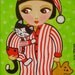 Little GIRL and CAT in Christmas Pajamas Art PRINT from Original Painting by Jill