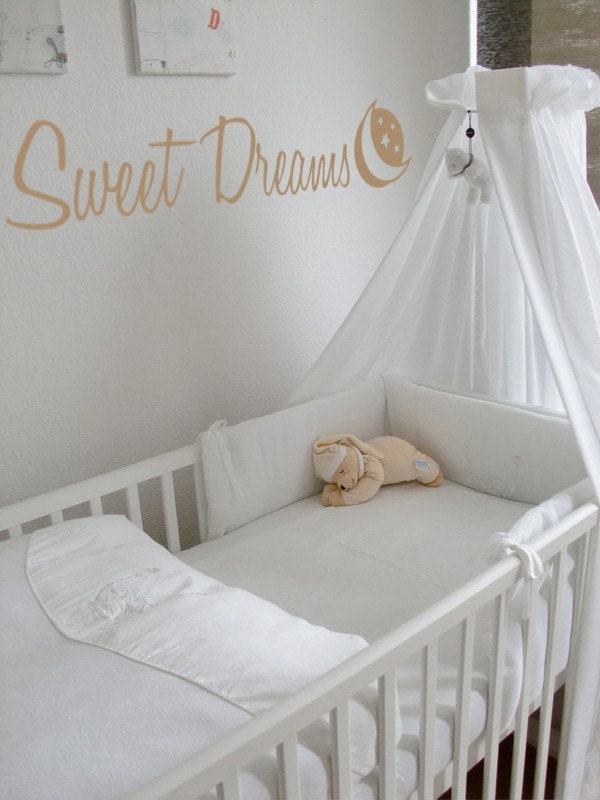 Wall Decal Nursery Words Sweet Dreams Quote Phrase Room Decor Kids Childrens Baby Babies Infant Newborn Lettering Typography Moon Stars