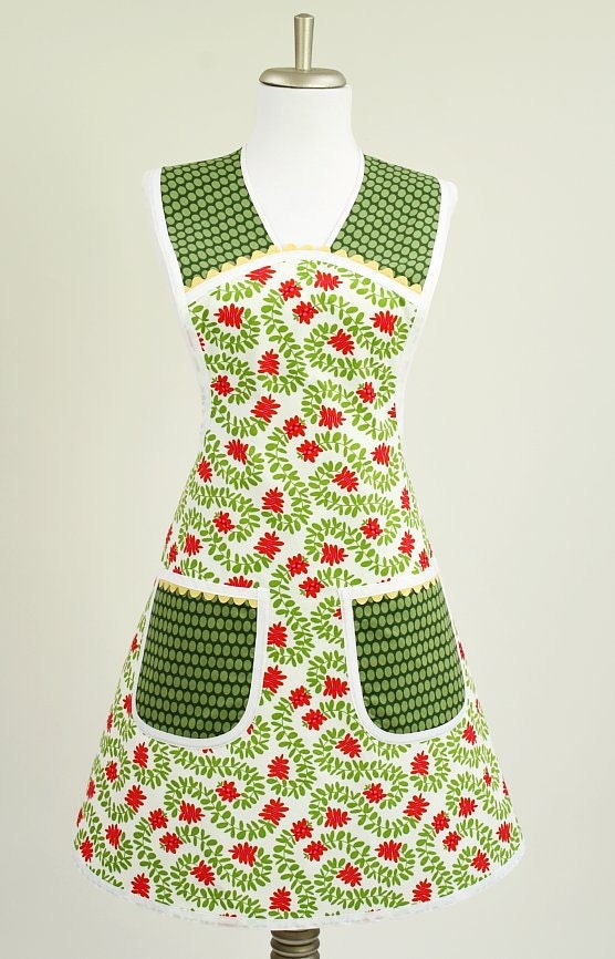 Retro Womens Apron Mid Century Inspired Green, White and Red Michael Miller Fabric
