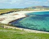 Earths Cradle - 5x7 Beautiful White Sandy Beach Photograph of Scotland Surreal Landscape - Blue Green Art Print Decor for Sea Ocean Lovers