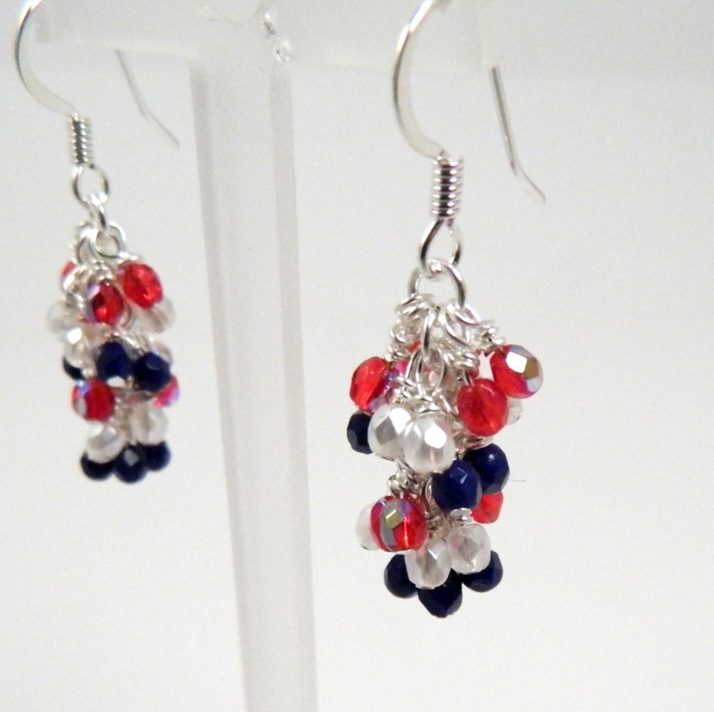 Red, White & Blue Cascade Dangle Earrings, Patriotic Earrings with Surgical Steel Ear Wires