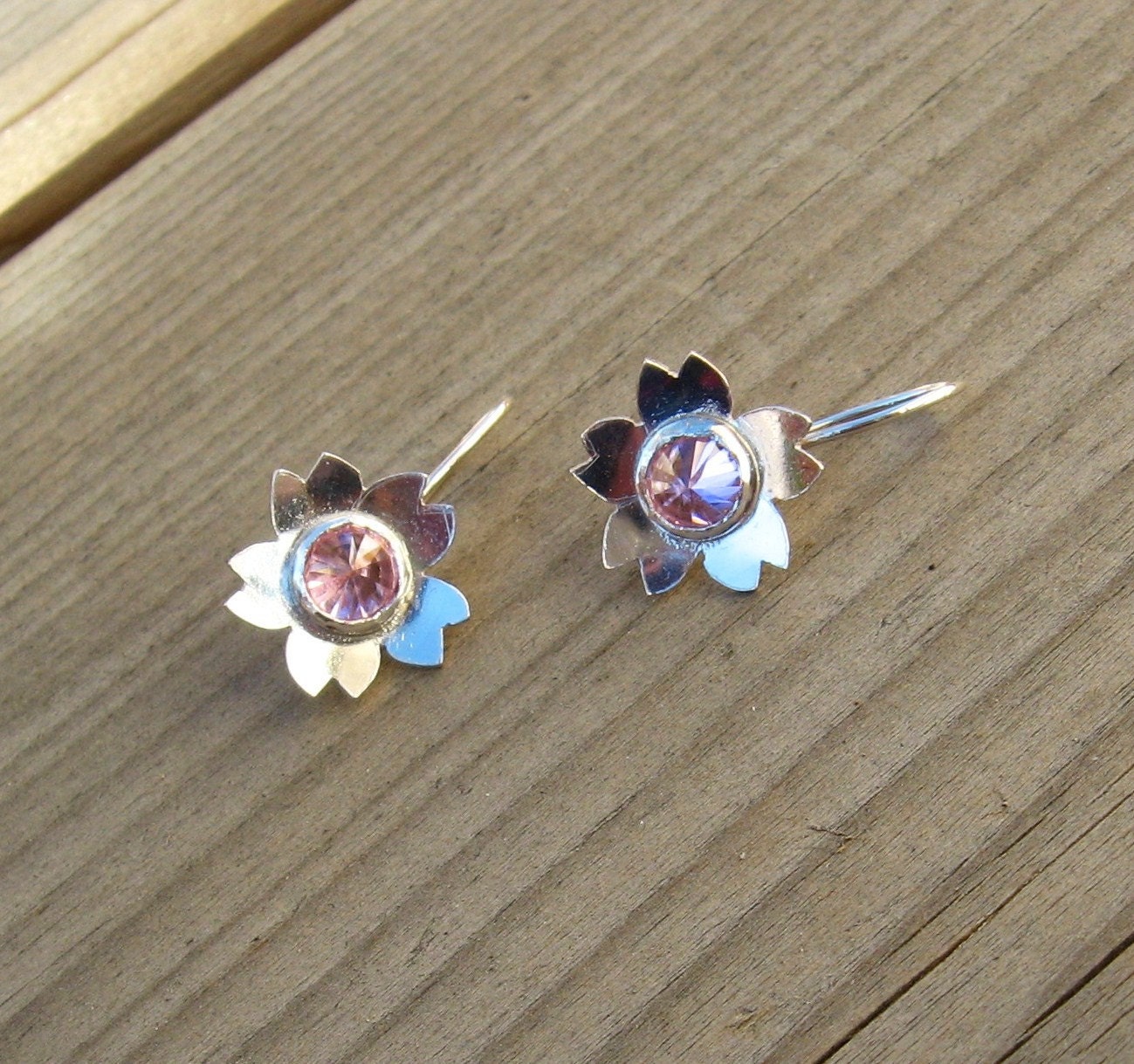 Sakura hook earrings with pink cubic zirconia cute flowers cherry blossom kawaii