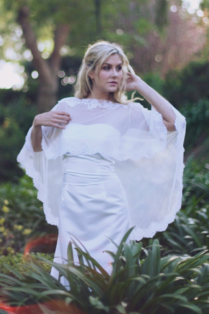 Palmira - Alencon Lace Appliques Bridal Cape, Capelet, Cover up, 421
