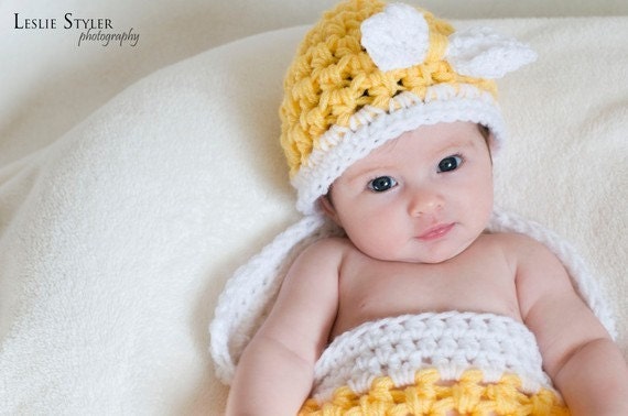 HAT and Cocoon Newborn Baby BOW Photo Prop in Yellow & White - 2 pcs Photography Baby SET