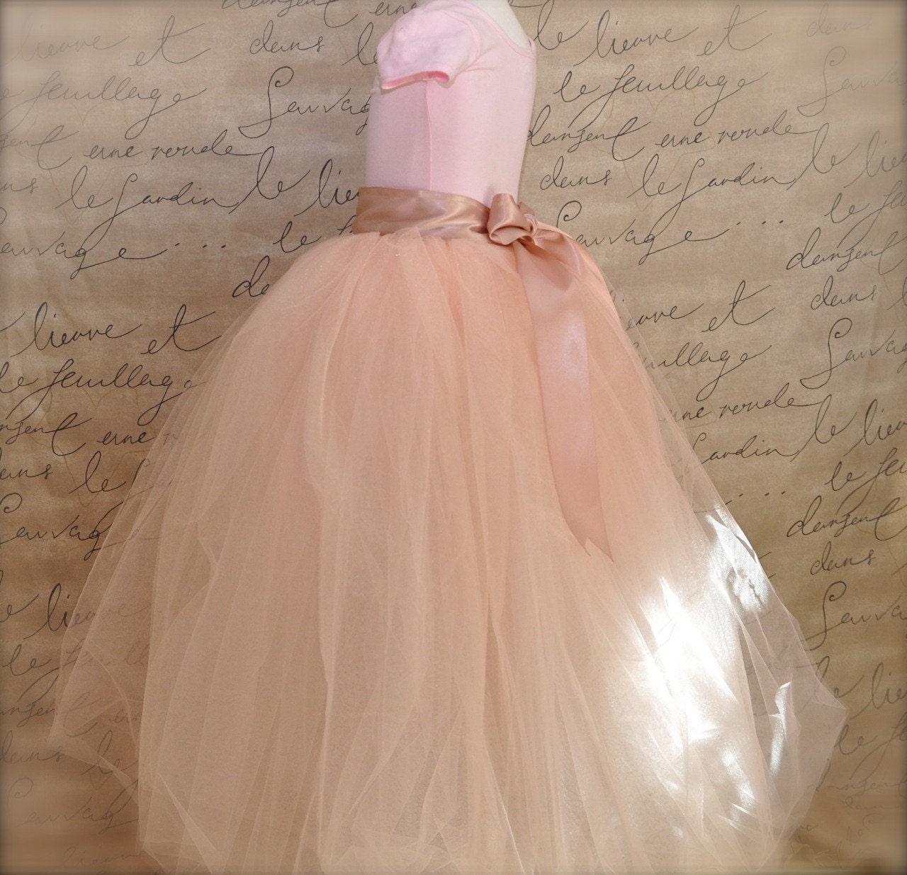 Princess Flower Girl Tutu in vintage pink with toffee ribbon. Reserved for Marina.