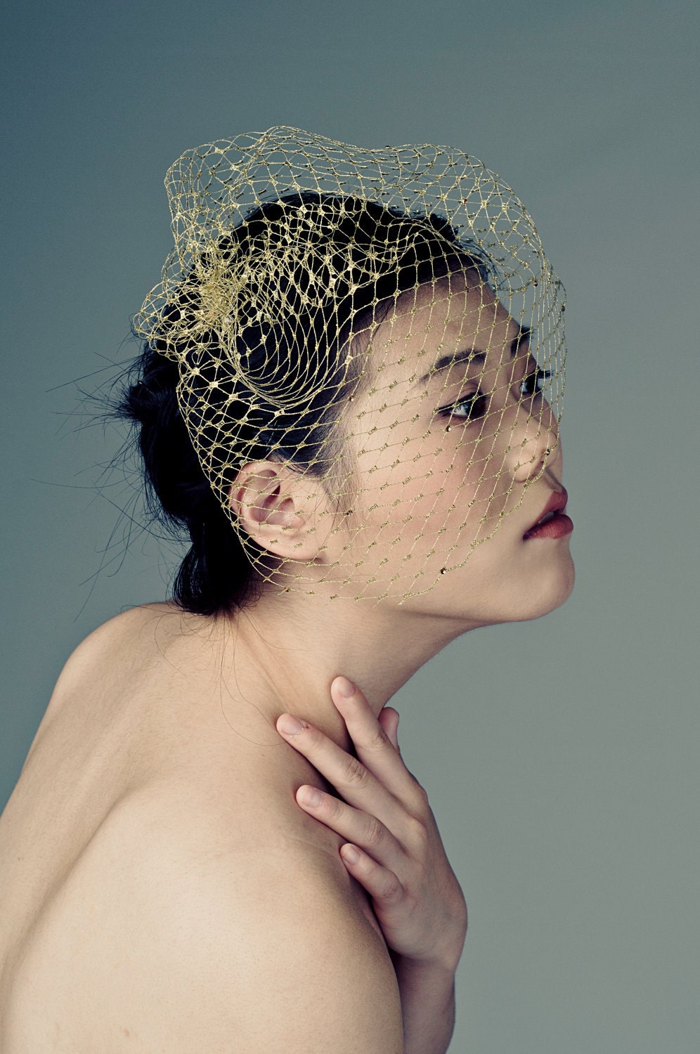 Metallic Gold Birdcage Veil Blusher -rhinestone dotted-