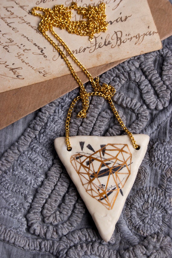 Flowers and Geometry Pendant - Clay Triangle Plants  Necklace - FREE SHIPPING