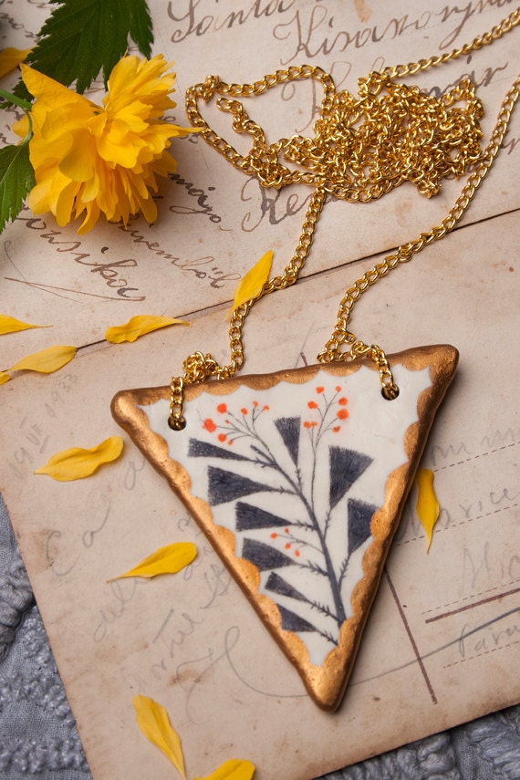 Clay and Drawing Plants / Flowers Triangle  Necklace Pendant - FREE SHIPPING