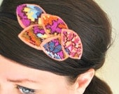 Vintage Floral Headband with Salmon Wool Felt - Hand Embroidered Leaves - Statement Hairpiece