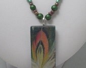 Green and Iridescent Purple-Green Beaded Necklace with Feather Pendant - SALE