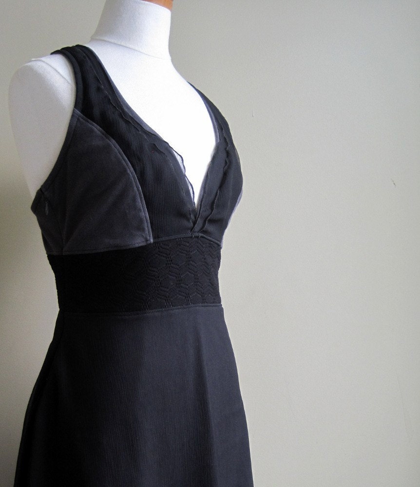 Winter Grey Dress - black silk and vintage style lace, bohemian boho clothing dress - small