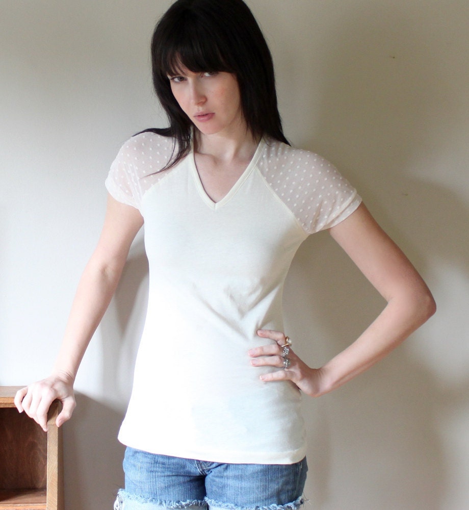 Sheer v-neck shirt - cotton jersey with deep vneck cut, polka dots feminine spring ivory neutral - small