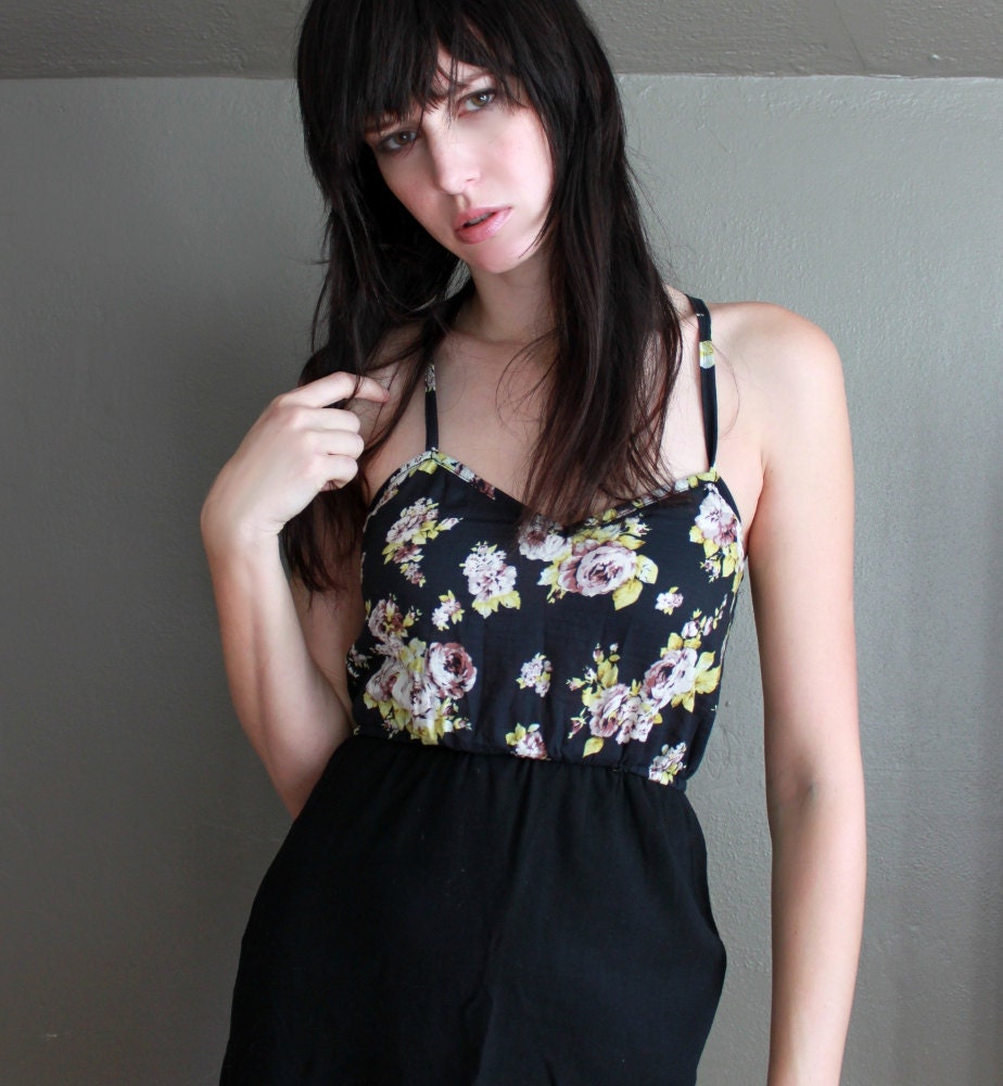 Black Floral Dress - strappy high waist dress with pink flowers, soft grunge style feminine pretty - medium