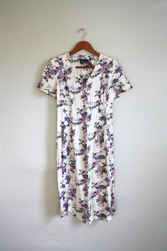 vintage rose midi dress 90s Grunge // ivory and purple