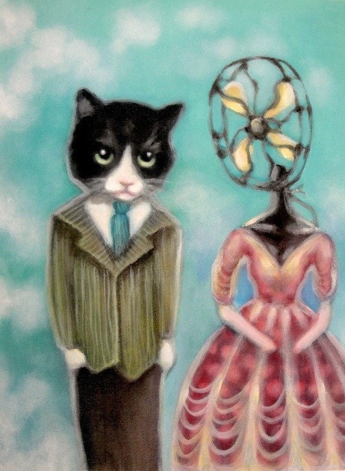 RESERVED: Kitty & Fan - original acrylic painting on canvas sheet