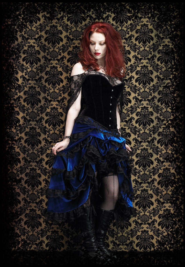 Elise Long Bustle Skirt in Tiered Velvet and Lace - Custom Elegant Gothic Clothing and Dark Romantic Couture