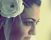 White Satin Flowers Birdcage Veil Wedding - Handmade Unique-Tiny Mesh Veil