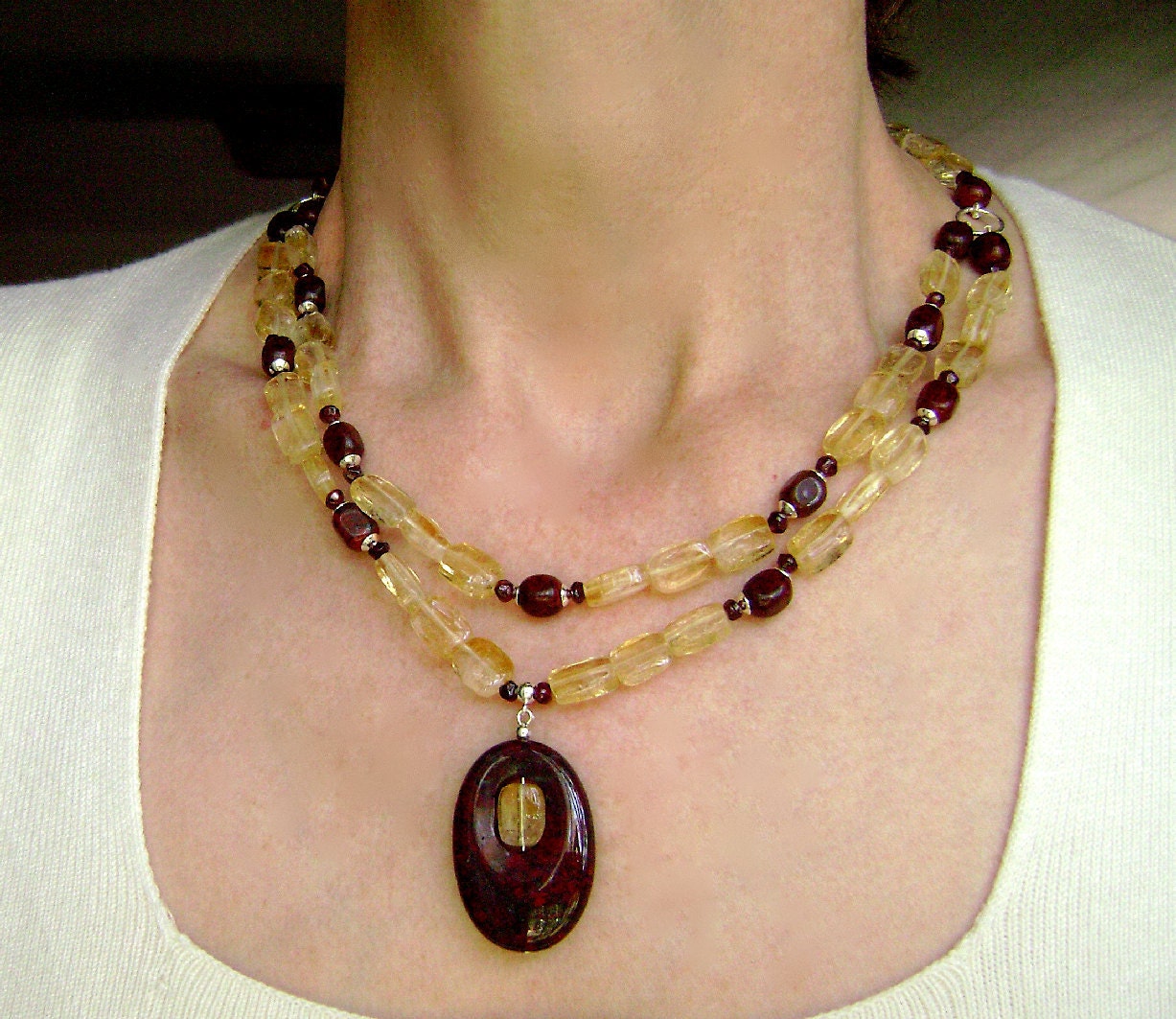 Citrine Necklace, Gemstone Jewelry, Brecciated Jasper, Sterling Silver, Yellow, Golden, Red, Brick, Chestnut, Tuscan