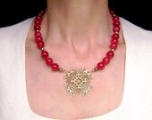 Jade Necklace, Gemstone Jewelry, Gold Filigree Cross, Quartz Necklace, Malaysian Jade, Medallion, Ruby, Red, Winter Jewelry, 268