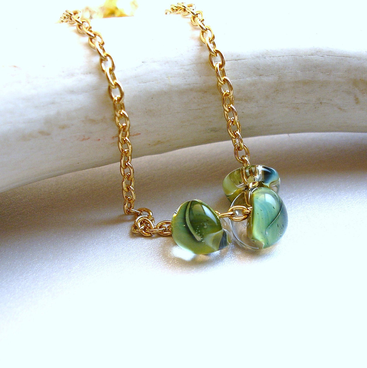 Clearance sale, Green Beaded Necklace, Gold Chain, Light Green Lampwork Beads