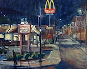 Oil Painting Landscape, Night Street / MacDonalds, Original Oil on Canvas, Urban Landscape Painting