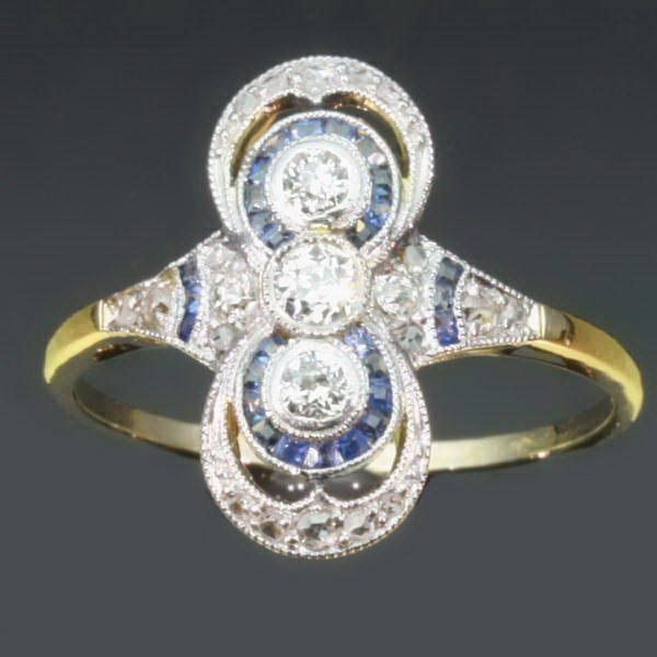 Art Deco three stone engagement ring diamond sapphire Great Gatsby Style