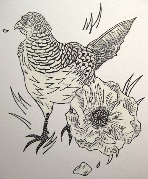 Pheasant and Flower - Reduction Print - Limited