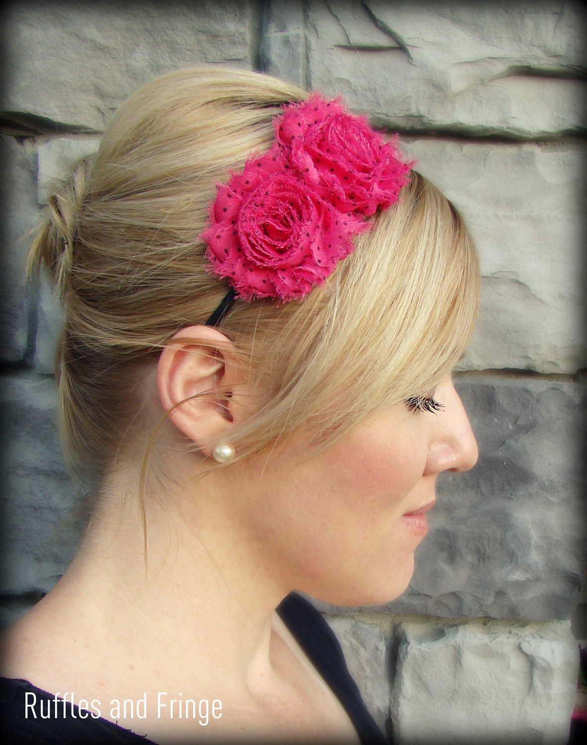 Adult Headband in Hot Pink with Black Polka Dots, Shabby Chic Flower for Girls and Women