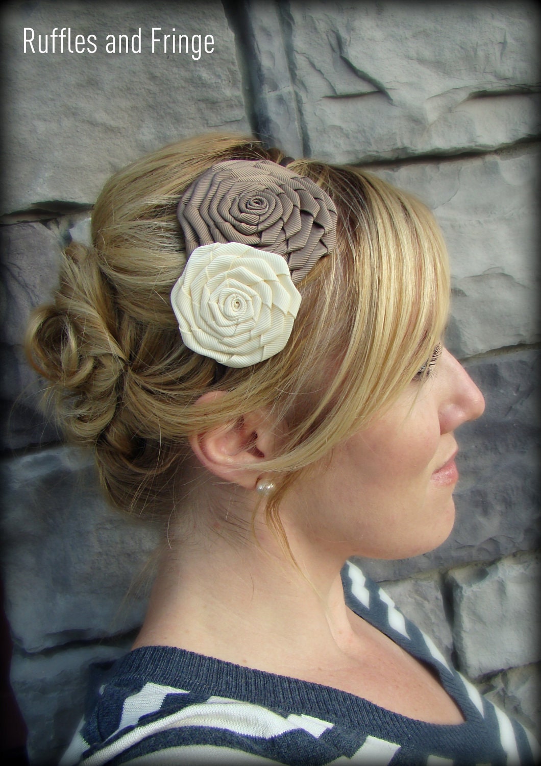 Khaki and Ivory Double Folded Rose Headband for Women and Girls