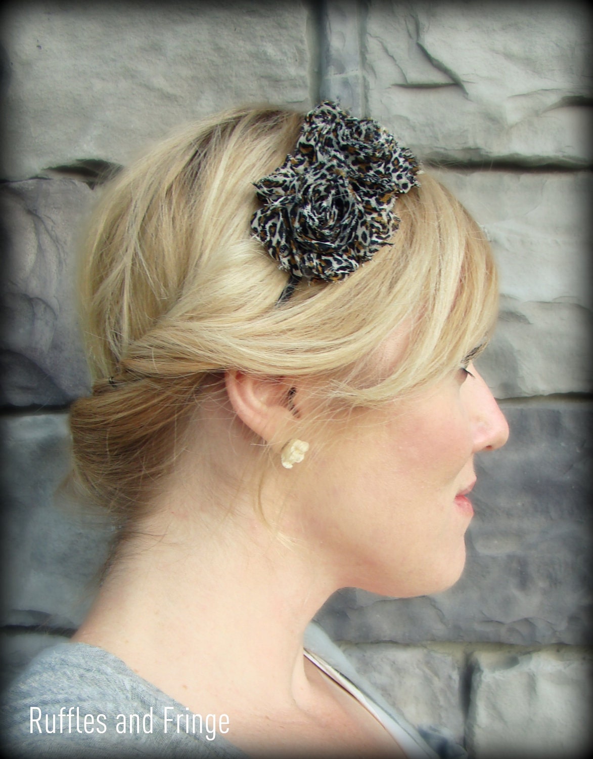 Adult Headband in Leopard Print, Shabby Chic Flower for Girls and Women