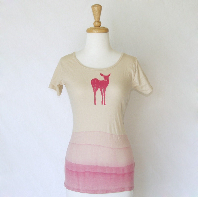 LAST ONE - Be a Deer Medium Hot Pink Dip Dyed Ombré Organic Cotton Scoop Neck Top in Earth Natural