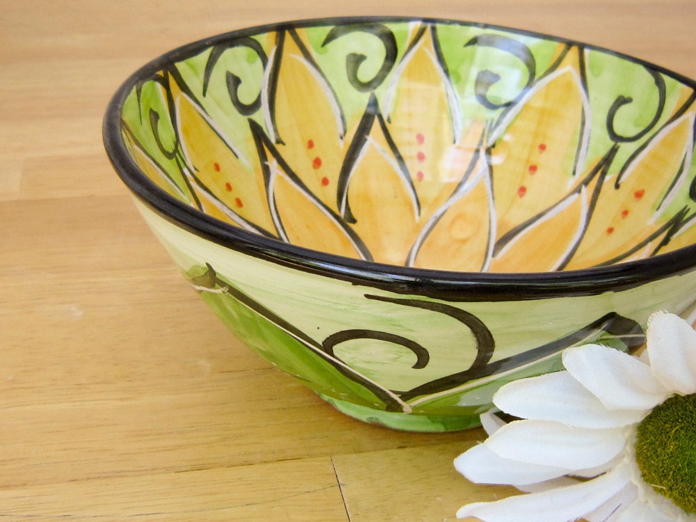 Handmade Majolica Pottery Earthenware Clay Serving Bowl Golden Yellow Lotus Flower  Hand Thrown