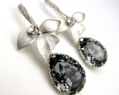 free US shipping - swarovski silver night faceted teardrop earrings on white gold cz sterling silver hook with orchid flower