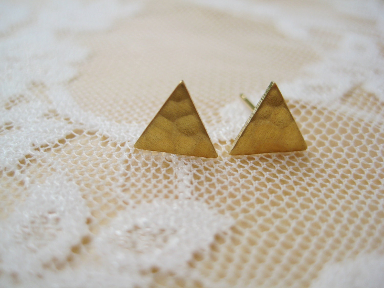 Tiny Brass Gold Hammered Triangle Stud Earrings