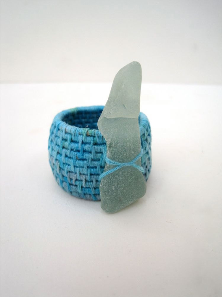 Ring Holder Relic - Small Unique Art - Miniature Basket - Blue Mixed Media Sculpture - Coiled Basket