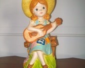 Vintage Ceramic Change Bank Child's Room Girl w/ Guitar